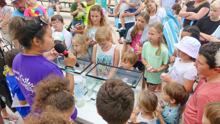 Kids listening to a sea turtle presentation